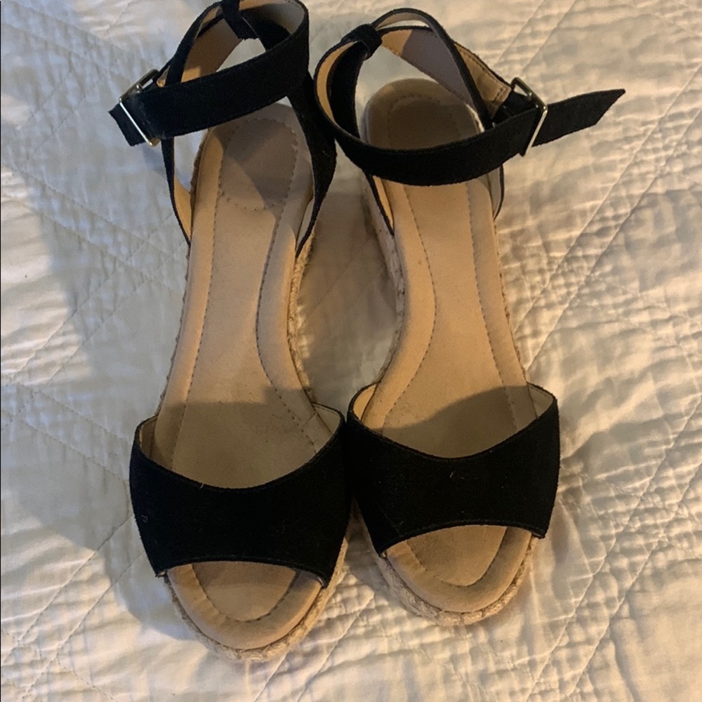 Lands' End Black Espadrille Wedge Sandals Wide